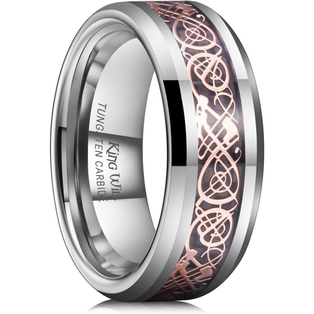 imageKing Will Mens Dragon Celtic Tungsten Ring 5678mm Widths Polished Beveled Edge Comfort Fit Carbide Wedding Band Promise Rings Size 416BSilverRose Gold 8mm