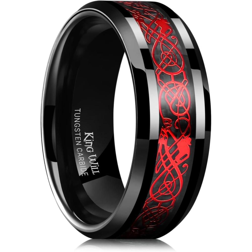 imageKing Will Mens Dragon Celtic Tungsten Ring 5678mm Widths Polished Beveled Edge Comfort Fit Carbide Wedding Band Promise Rings Size 416Black Red 8mm