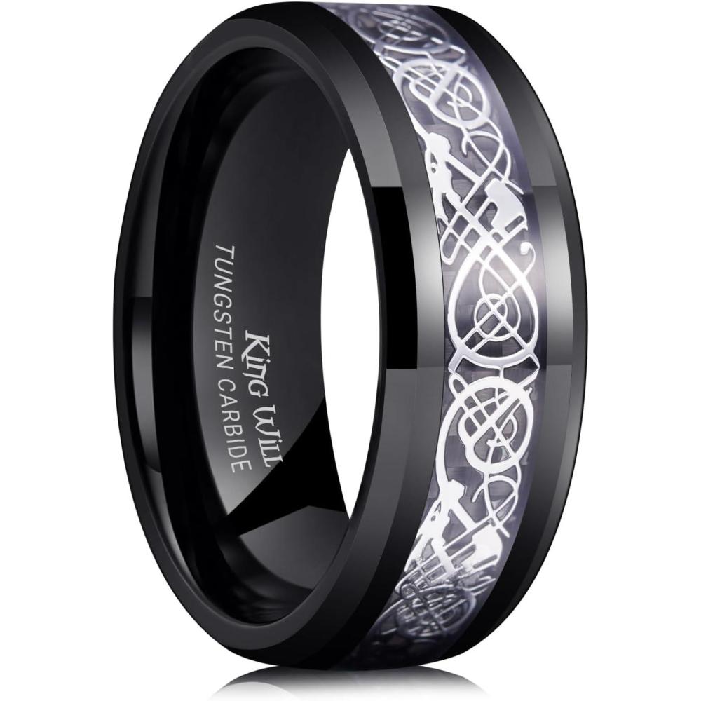 imageKing Will Mens Dragon Celtic Tungsten Ring 5678mm Widths Polished Beveled Edge Comfort Fit Carbide Wedding Band Promise Rings Size 416CBlack Silver 8mm