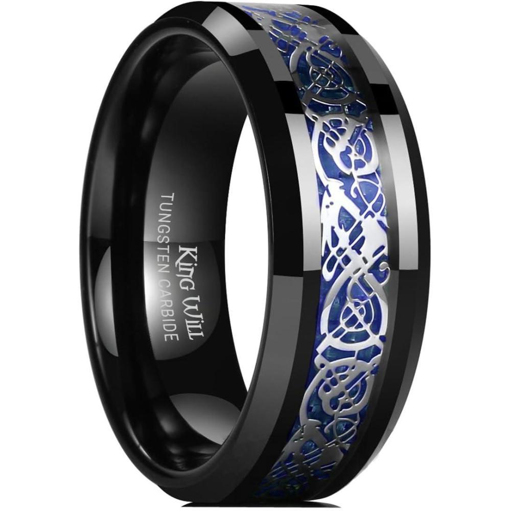 imageKing Will Mens Dragon Celtic Tungsten Ring 5678mm Widths Polished Beveled Edge Comfort Fit Carbide Wedding Band Promise Rings Size 416CBlackBlue 8mm