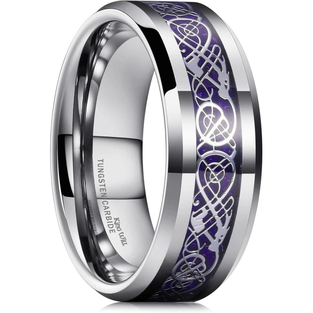 imageKing Will Mens Dragon Celtic Tungsten Ring 5678mm Widths Polished Beveled Edge Comfort Fit Carbide Wedding Band Promise Rings Size 416CPurpleSilver 8mm