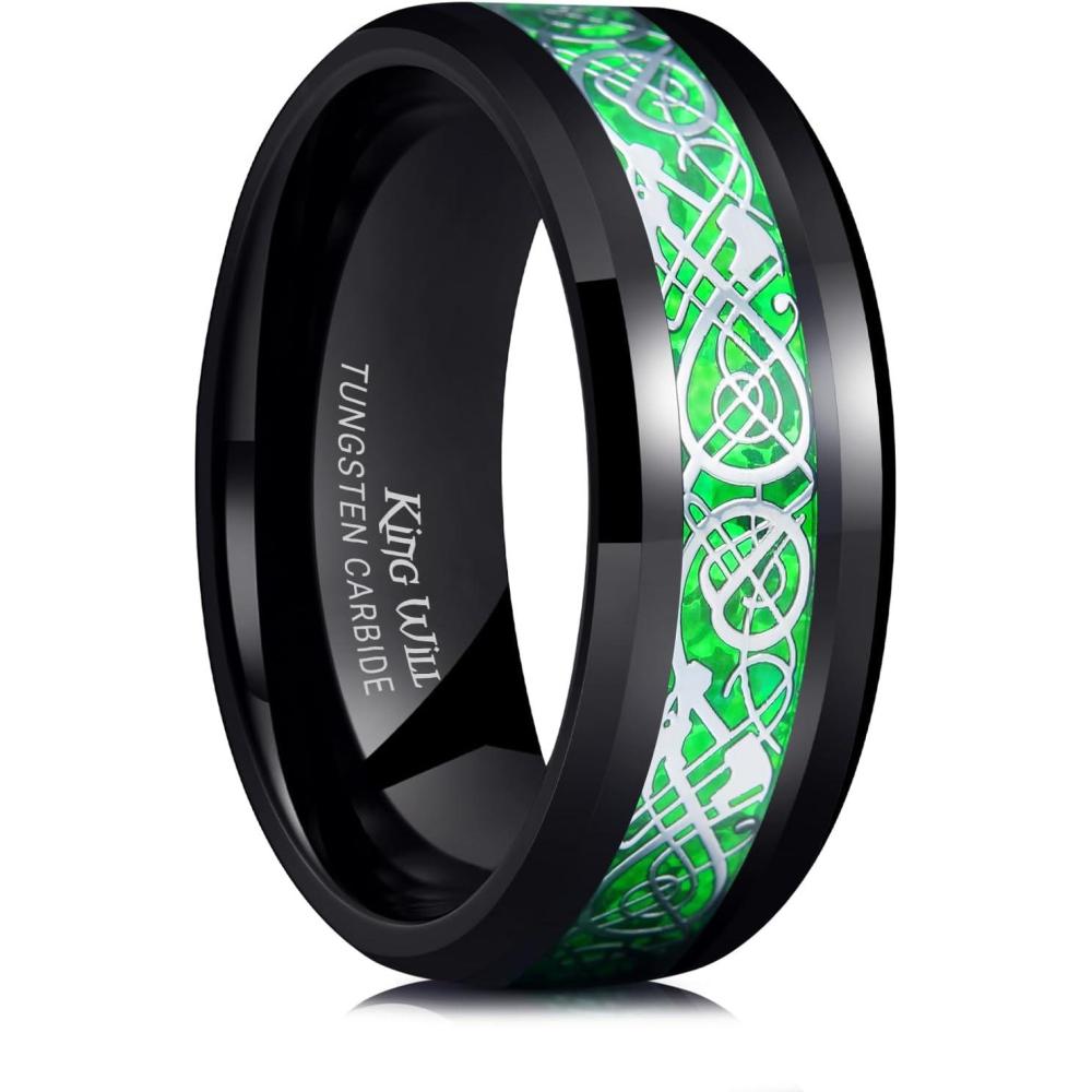 imageKing Will Mens Dragon Celtic Tungsten Ring 5678mm Widths Polished Beveled Edge Comfort Fit Carbide Wedding Band Promise Rings Size 416CSilverGreen 8mm