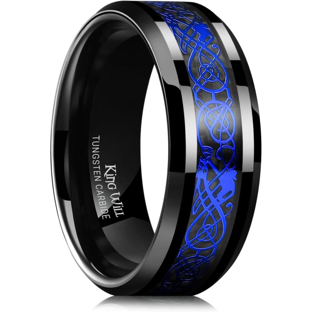 imageKing Will Mens Dragon Celtic Tungsten Ring 5678mm Widths Polished Beveled Edge Comfort Fit Carbide Wedding Band Promise Rings Size 416DBlack Mazarine Blue 8mm