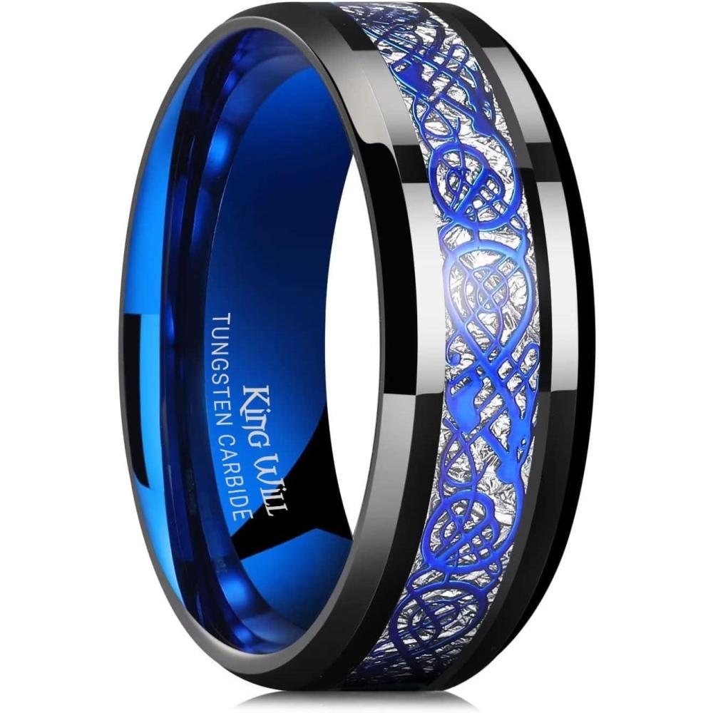 imageKing Will Mens Dragon Celtic Tungsten Ring 5678mm Widths Polished Beveled Edge Comfort Fit Carbide Wedding Band Promise Rings Size 416DBlue 8mm