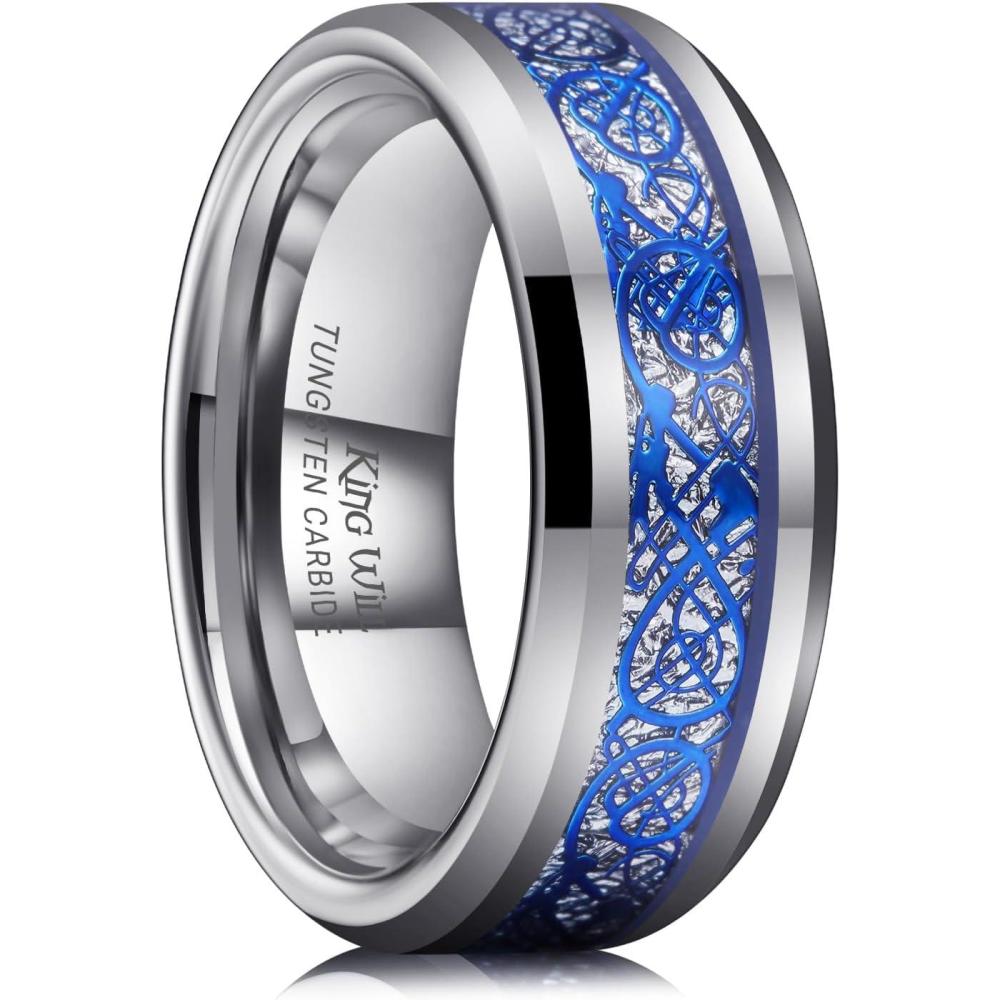 imageKing Will Mens Dragon Celtic Tungsten Ring 5678mm Widths Polished Beveled Edge Comfort Fit Carbide Wedding Band Promise Rings Size 416DSilverBlue 8mm