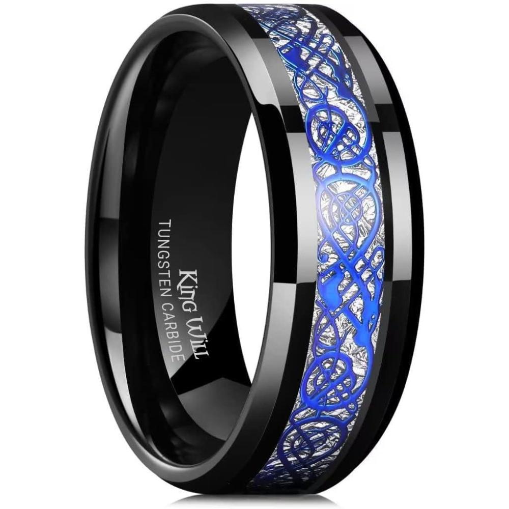 imageKing Will Mens Dragon Celtic Tungsten Ring 5678mm Widths Polished Beveled Edge Comfort Fit Carbide Wedding Band Promise Rings Size 416Dbluesilverblack 8mm