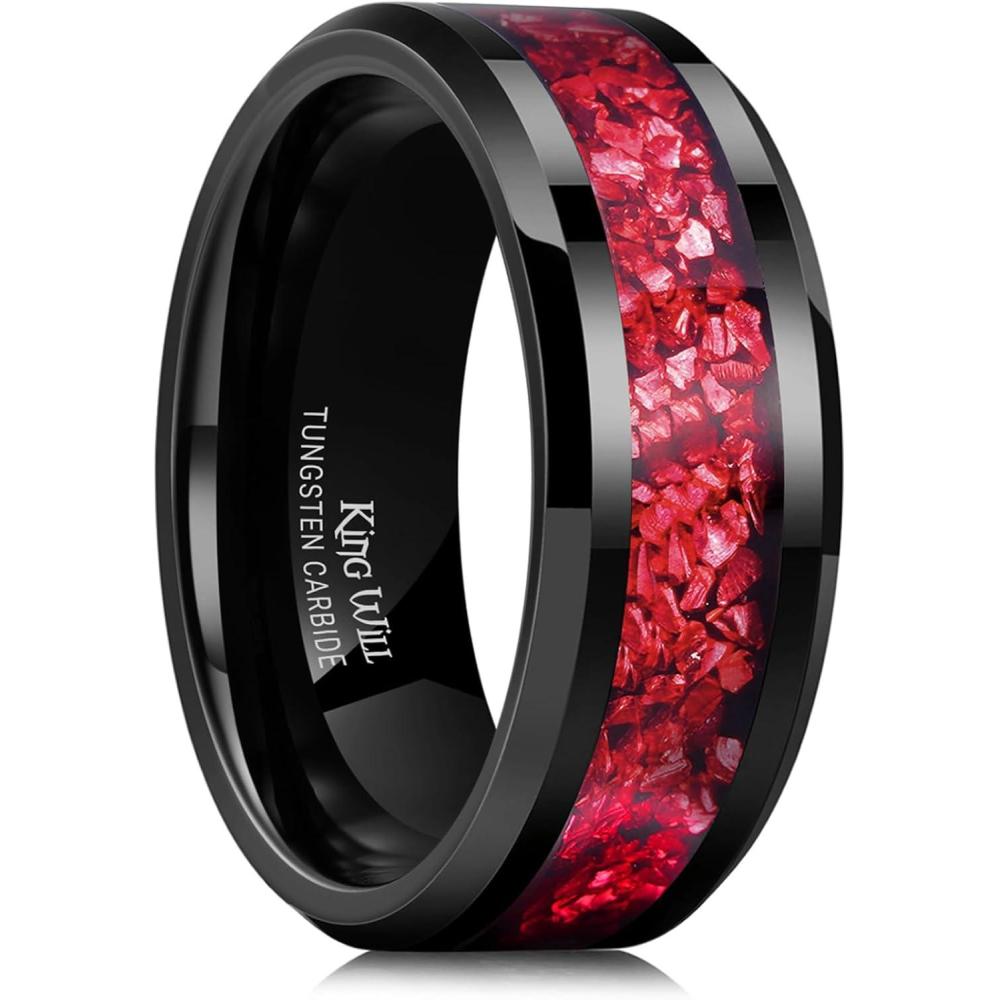 imageKing Will Mens Meteorite Tungsten Wedding Bands 6mm8mm Width BlackSilver Engagement Rings for Couples Beveled Edge Promise Ring for Women Comfort FitBlackRed8mm