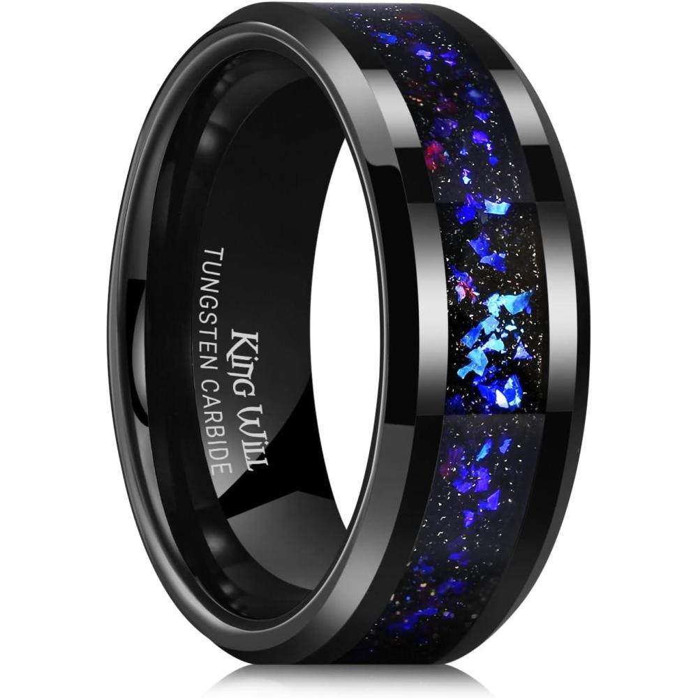 imageKing Will Mens Meteorite Tungsten Wedding Bands 6mm8mm Width BlackSilver Engagement Rings for Couples Beveled Edge Promise Ring for Women Comfort FitBluePurple8mm