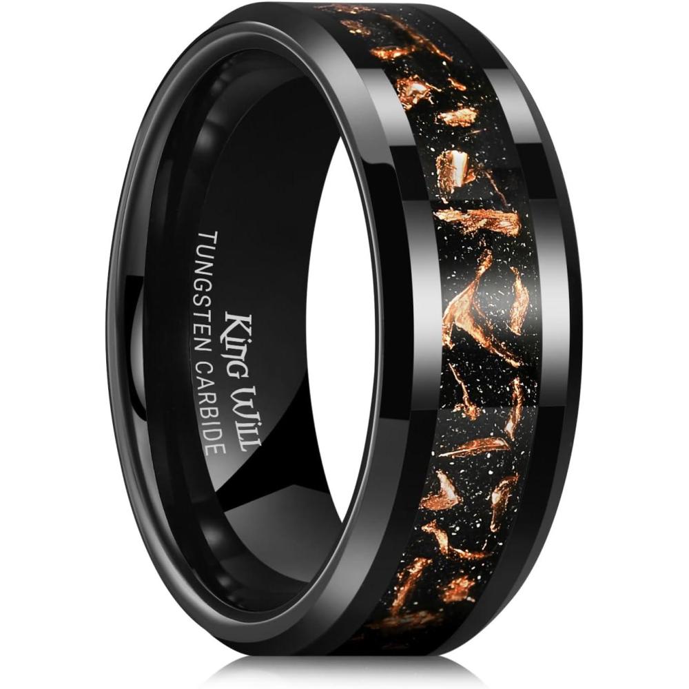imageKing Will Mens Meteorite Tungsten Wedding Bands 6mm8mm Width BlackSilver Engagement Rings for Couples Beveled Edge Promise Ring for Women Comfort FitBlackRose Gold8mm