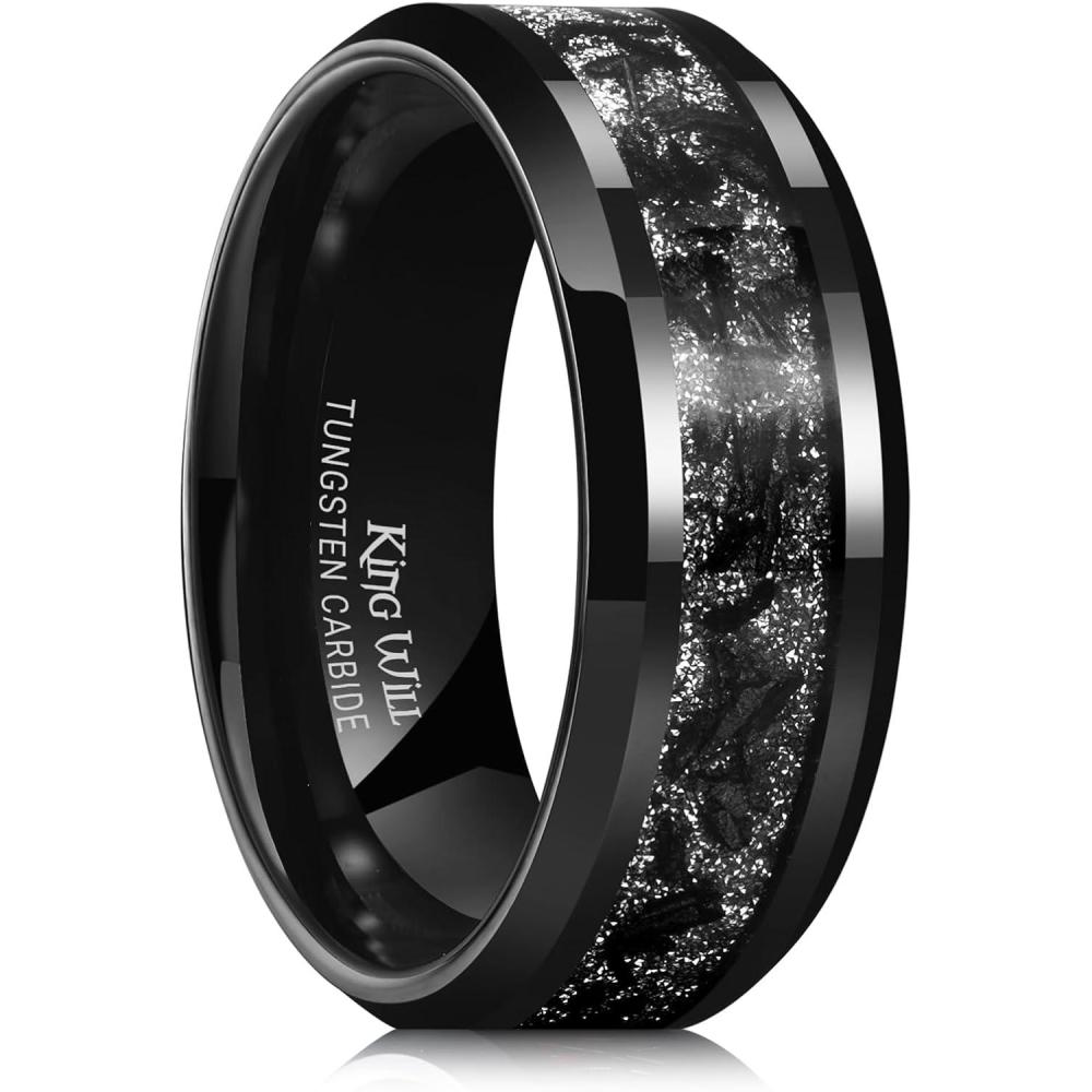 imageKing Will Mens Meteorite Tungsten Wedding Bands 6mm8mm Width BlackSilver Engagement Rings for Couples Beveled Edge Promise Ring for Women Comfort FitBlackShimmer8mm