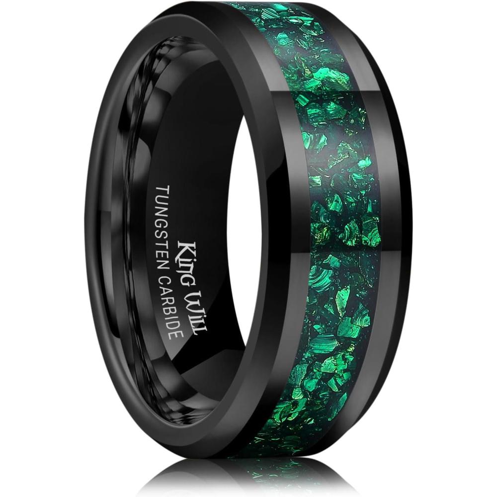 imageKing Will Mens Meteorite Tungsten Wedding Bands 6mm8mm Width BlackSilver Engagement Rings for Couples Beveled Edge Promise Ring for Women Comfort FitBlackGreen8mm