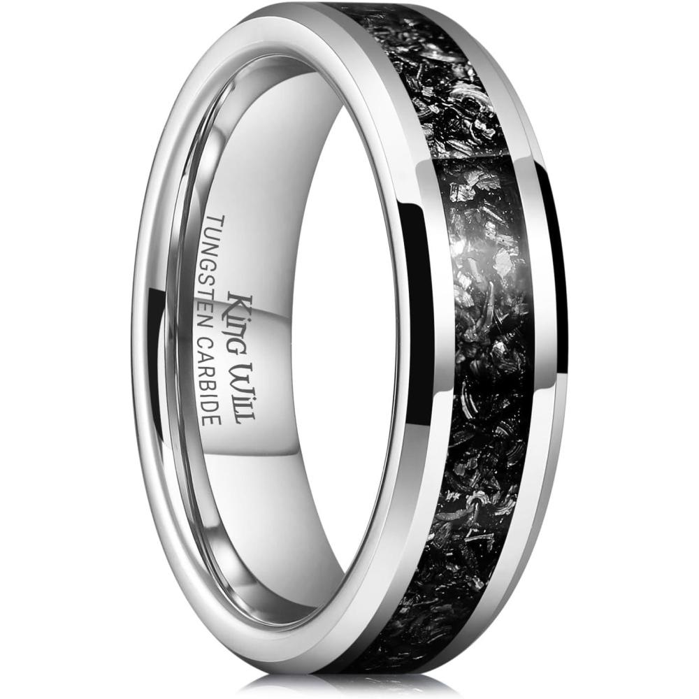 imageKing Will Mens Meteorite Tungsten Wedding Bands 6mm8mm Width BlackSilver Engagement Rings for Couples Beveled Edge Promise Ring for Women Comfort FitSilver6mm