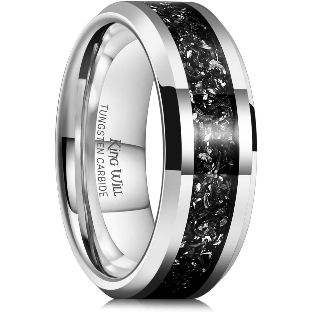 imageKing Will Mens Meteorite Tungsten Wedding Bands 6mm8mm Width BlackSilver Engagement Rings for Couples Beveled Edge Promise Ring for Women Comfort FitSilver8mm