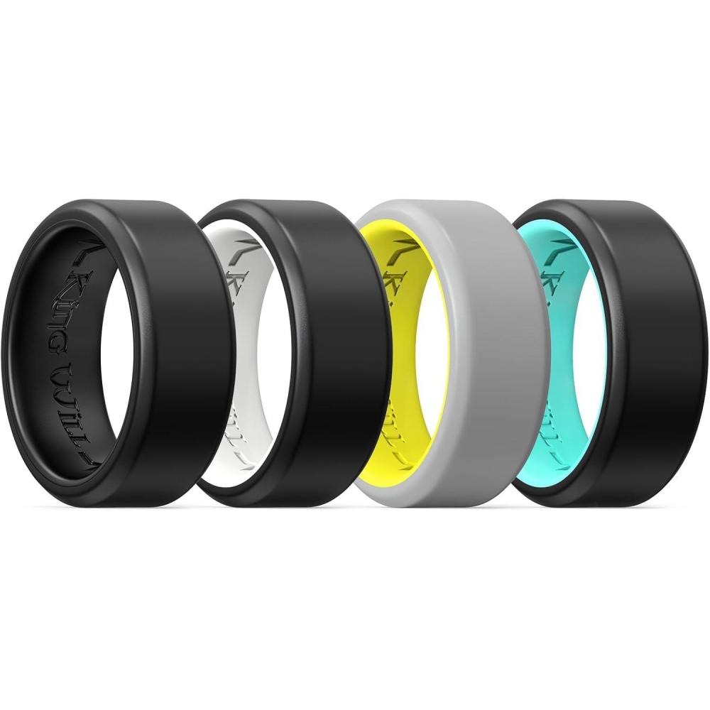 imageKing Will Mens Silicone Wedding Bands 8mm Comfort Fit with Unique Inner Groove Design Rubber Engagement Rings for Daily Wear and Activities 14 Variety MultipackGreyYellow BlackMint Blue BlackWhite BlackBlack