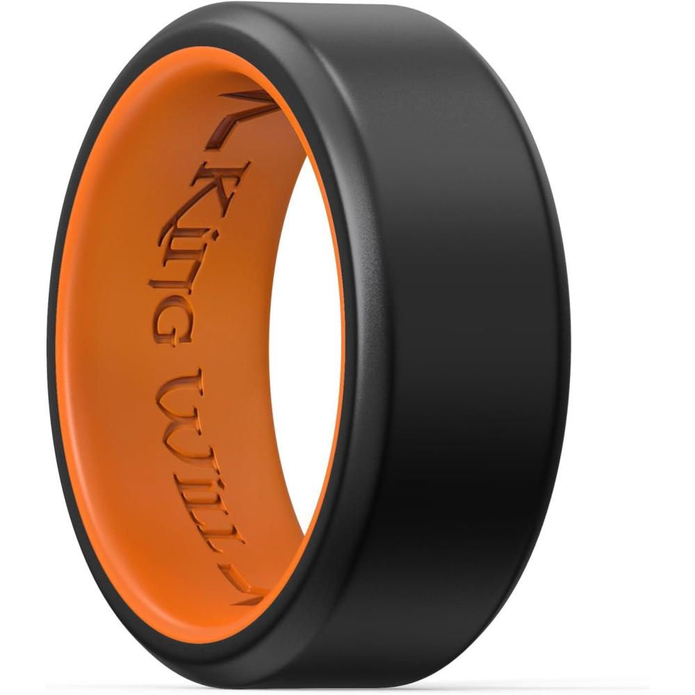 imageKing Will Mens Silicone Wedding Bands 8mm Comfort Fit with Unique Inner Groove Design Rubber Engagement Rings for Daily Wear and Activities  14 Variety MultipackBlackOrange
