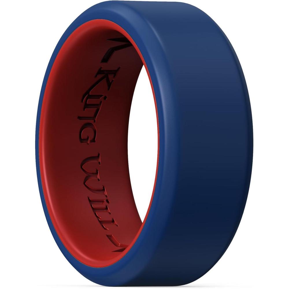 imageKing Will Mens Silicone Wedding Bands 8mm Comfort Fit with Unique Inner Groove Design Rubber Engagement Rings for Daily Wear and Activities 14 Variety MultipackBlueRed