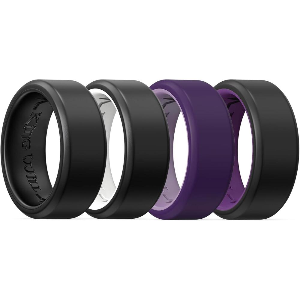 imageKing Will Mens Silicone Wedding Bands 8mm Comfort Fit with Unique Inner Groove Design Rubber Engagement Rings for Daily Wear and Activities 14 Variety MultipackPack 4F