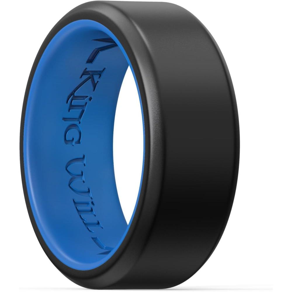 imageKing Will Mens Silicone Wedding Bands 8mm Comfort Fit with Unique Inner Groove Design Rubber Engagement Rings for Daily Wear and Activities  14 Variety MultipackBlackBlue