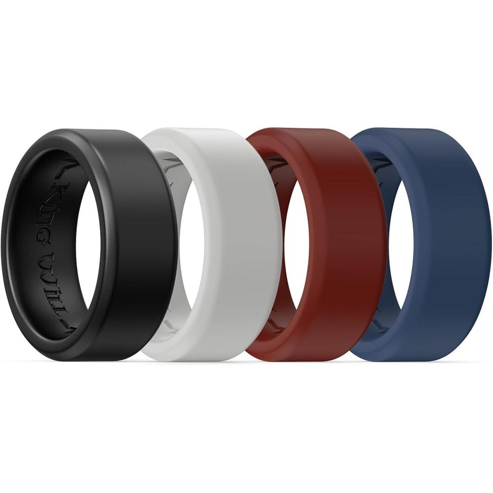 imageKing Will Mens Silicone Wedding Bands 8mm Comfort Fit with Unique Inner Groove Design Rubber Engagement Rings for Daily Wear and Activities 14 Variety MultipackBlack Light Gray Red Blue