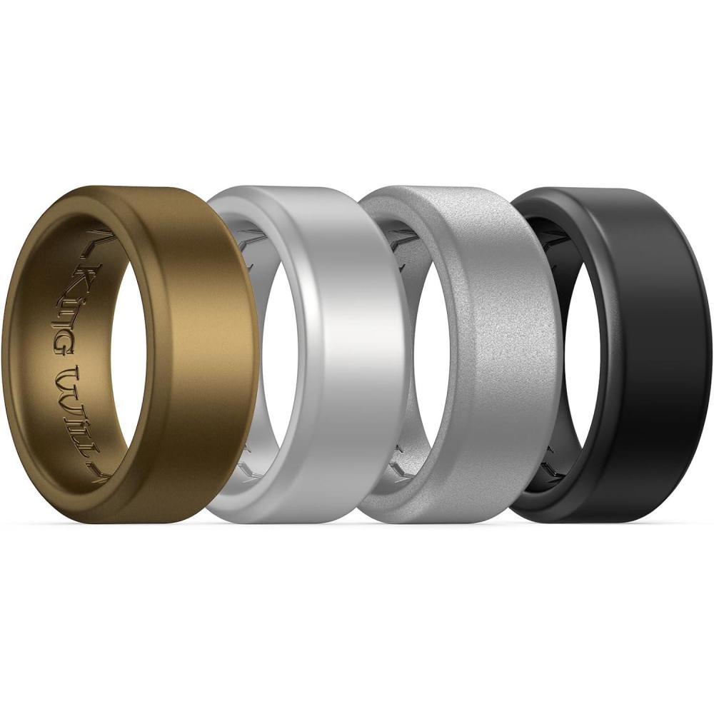 imageKing Will Mens Silicone Wedding Bands 8mm Comfort Fit with Unique Inner Groove Design Rubber Engagement Rings for Daily Wear and Activities  14 Variety MultipackCopper  Silver  Metallic Steel  Black