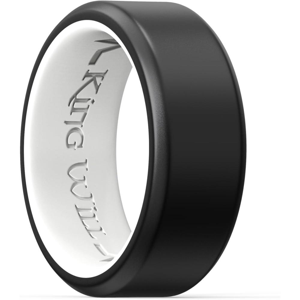imageKing Will Mens Silicone Wedding Bands 8mm Comfort Fit with Unique Inner Groove Design Rubber Engagement Rings for Daily Wear and Activities 14 Variety MultipackBlackWhite