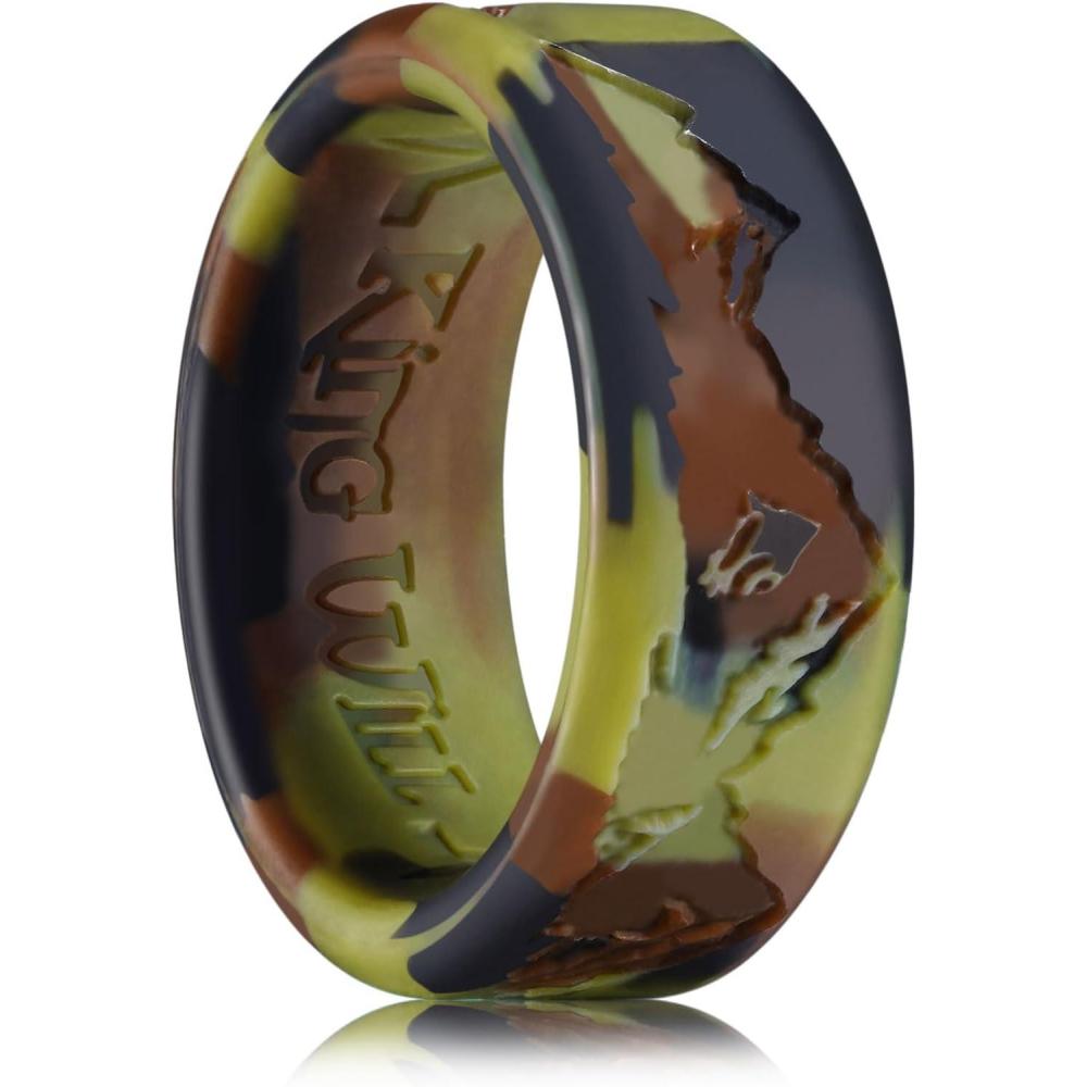 imageKing Will Mens Silicone Wedding Rings Green Camouflage Rubber Wedding Bands with Unique Mountain Peak Design 8mm Wide 22mm Thick Comfort Fit Size 11