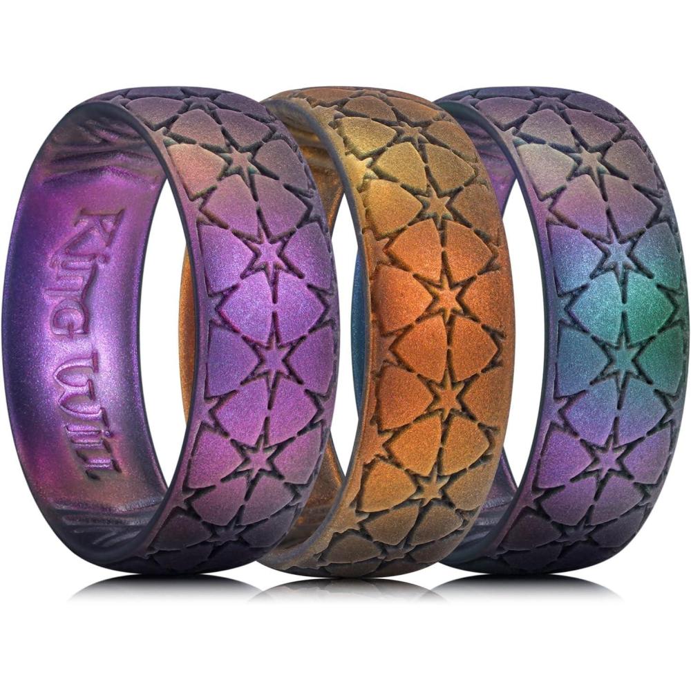 imageKing Will Mens Silicone Wedding Rings StarFlower Pattern Rubber Wedding Bands3PC