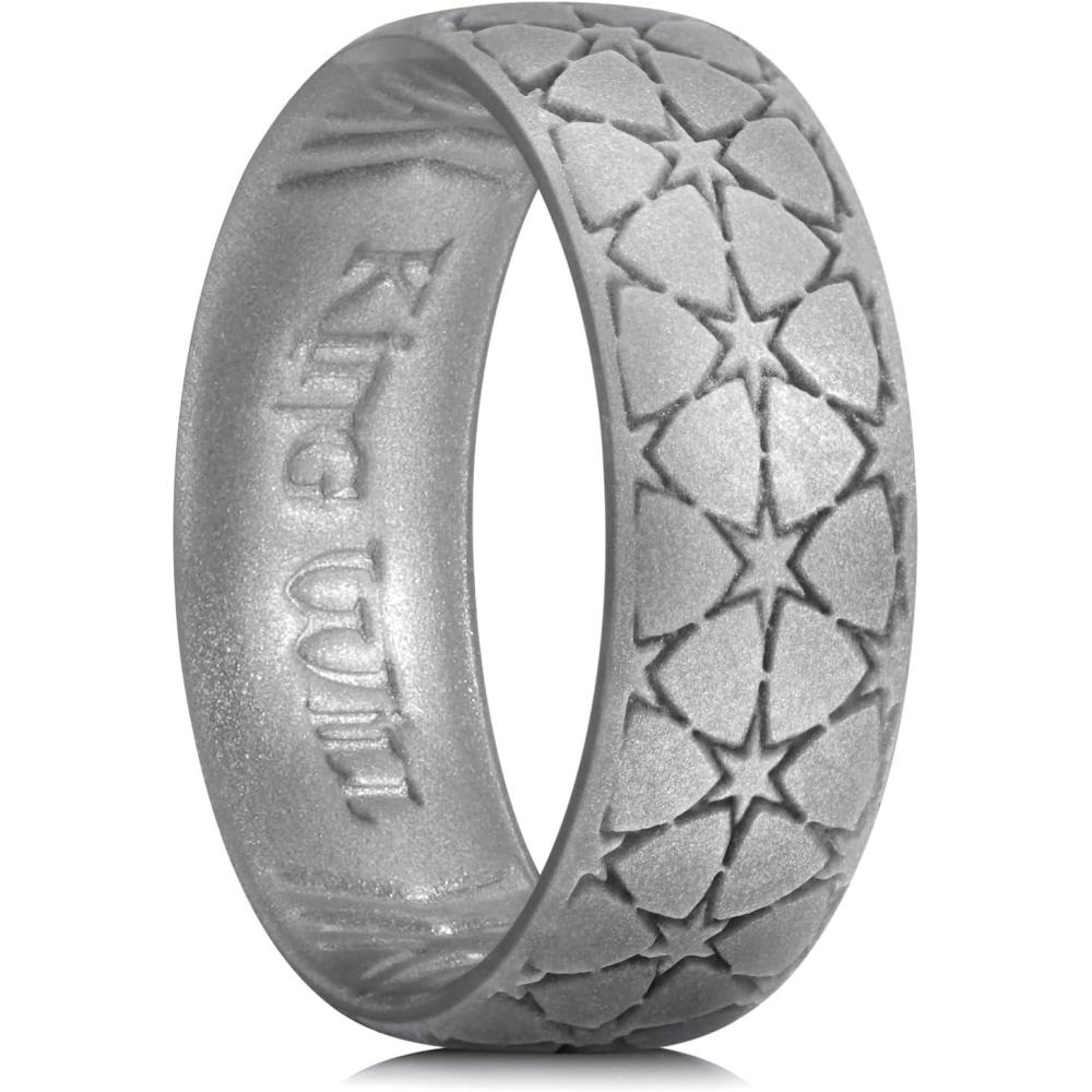 imageKing Will Mens Silicone Wedding Rings StarFlower Pattern Rubber Wedding BandsBMetallic Dark Gray