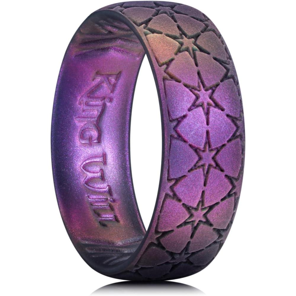 imageKing Will Mens Silicone Wedding Rings StarFlower Pattern Rubber Wedding BandsBStarry Sky Purple