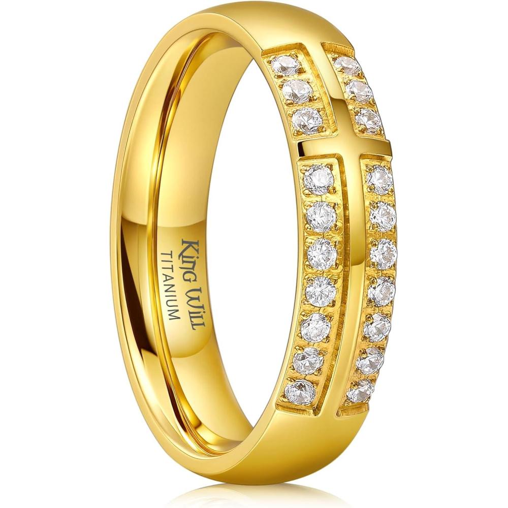 imageKing Will Mens Titanium Wedding Band 8mm Polished Band with Step Edges and Cross Design Featuring White Zirconia Insets Comfort Fit Size 714GoldWhite5mm