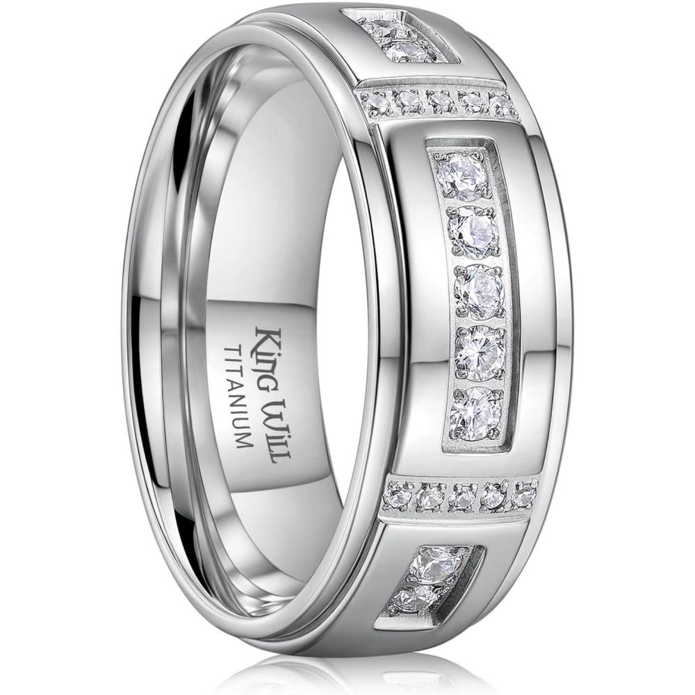 imageKing Will Mens Titanium Wedding Band 8mm Polished Band with Step Edges and Cross Design Featuring White Zirconia Insets Comfort Fit Size 714SilverWhite8mm