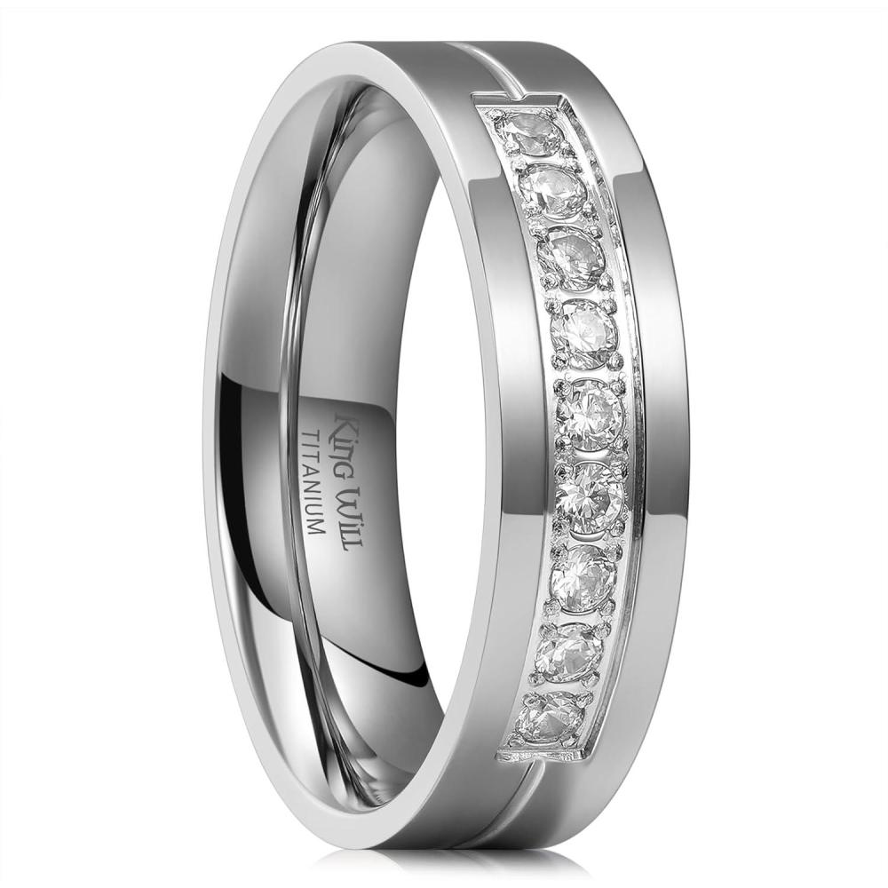 imageKing Will Mens Titanium Wedding Band 8mm Polished Band with Step Edges and Cross Design Featuring White Zirconia Insets Comfort Fit Size 714SilverWhite6mmB