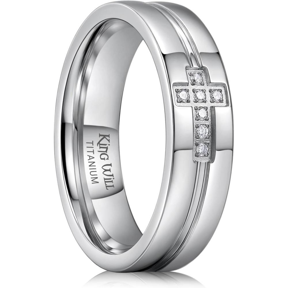 imageKing Will Mens Titanium Wedding Band 8mm Polished Band with Step Edges and Cross Design Featuring White Zirconia Insets Comfort Fit Size 714SilverWhite6mm
