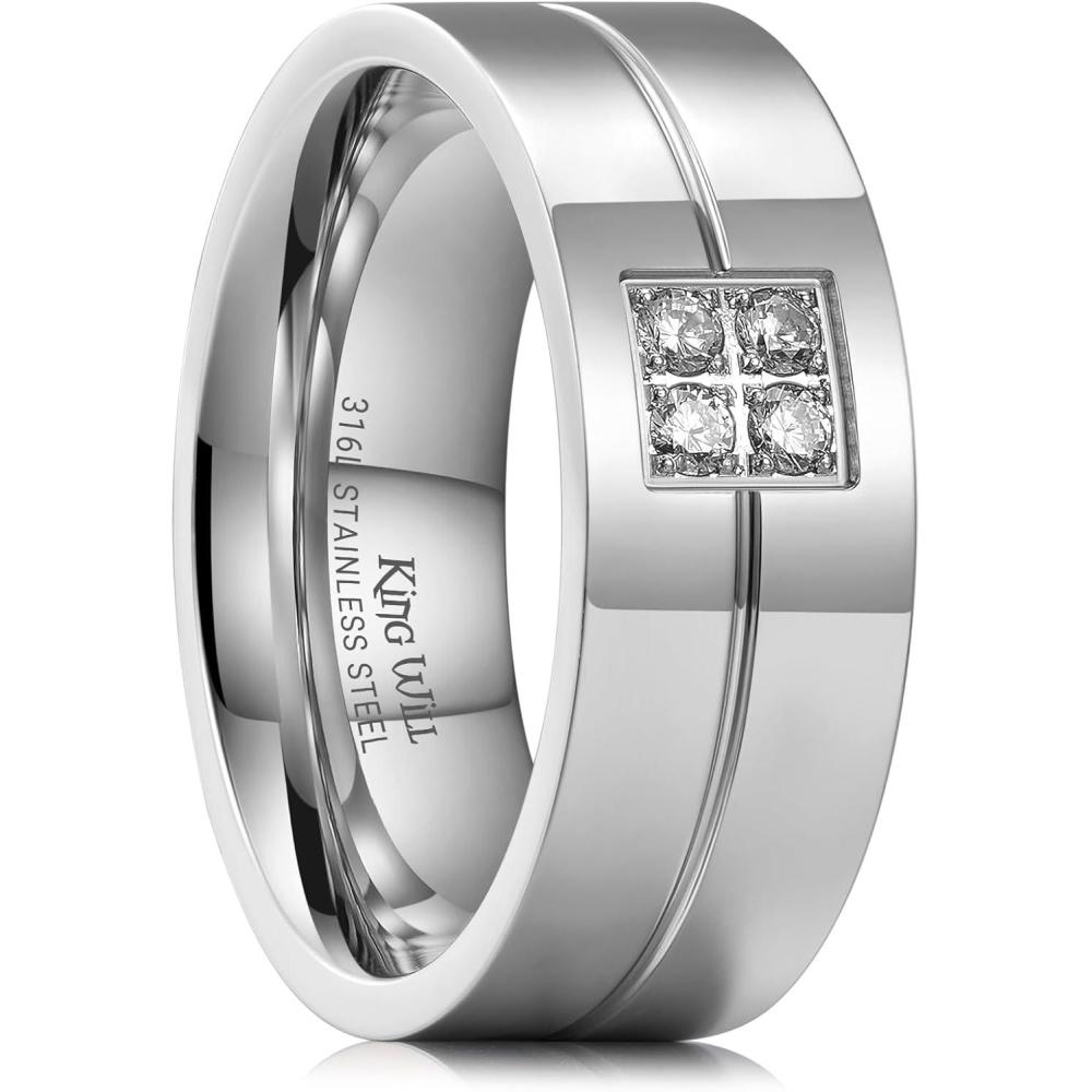imageKing Will Mens Titanium Wedding Band 8mm Polished Band with Step Edges and Cross Design Featuring White Zirconia Insets Comfort Fit Size 714SilverWhite8mmB