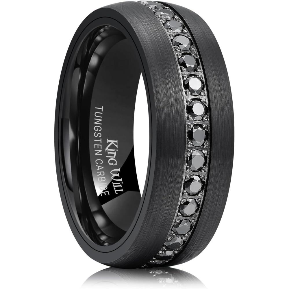 imageKing Will Mens Tungsten Wedding Band with Cubic Zircon Inlay 7mm8mm Flat Cut Comfort Fit Engagement RingsABlack Domed8mm