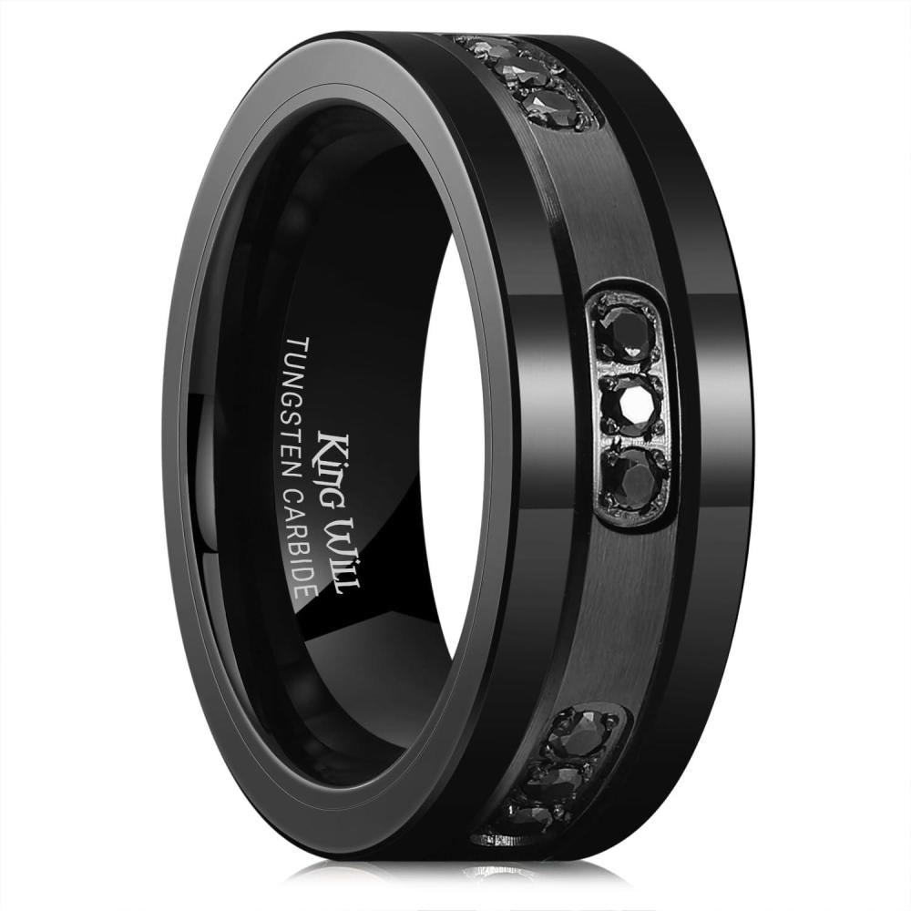 imageKing Will Mens Tungsten Wedding Band with Cubic Zircon Inlay 7mm8mm Flat Cut Comfort Fit Engagement RingsBBlackBlack8mm