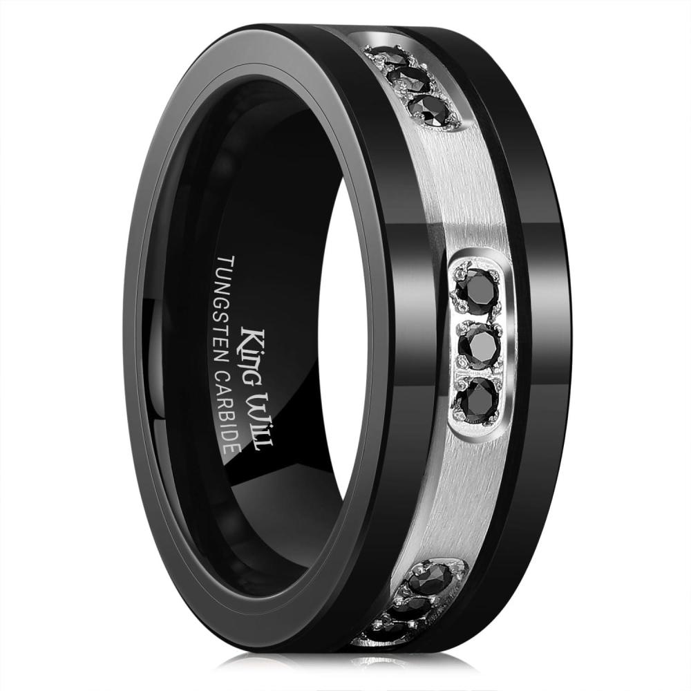 imageKing Will Mens Tungsten Wedding Band with Cubic Zircon Inlay 7mm8mm Flat Cut Comfort Fit Engagement RingsBBlackSilver8mm