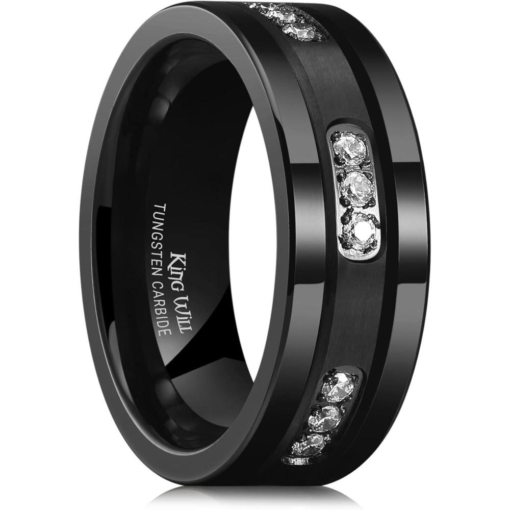 imageKing Will Mens Tungsten Wedding Band with Cubic Zircon Inlay 7mm8mm Flat Cut Comfort Fit Engagement RingsBBlackWhite8mm