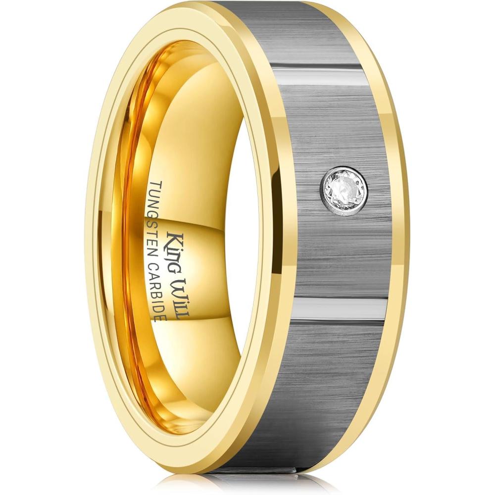 imageKing Will Mens Tungsten Wedding Band with Cubic Zircon Inlay 7mm8mm Flat Cut Comfort Fit Engagement RingsBGunmetalGold Inlay8mm