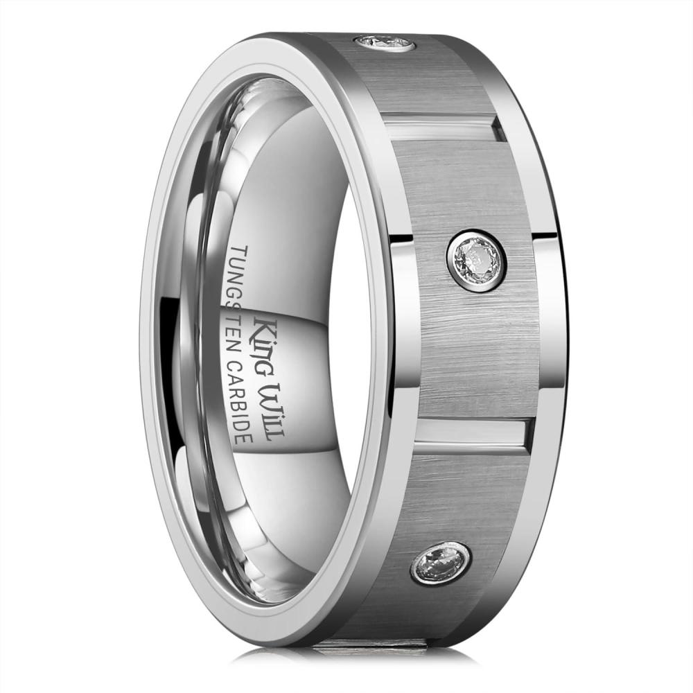 imageKing Will Mens Tungsten Wedding Band with Cubic Zircon Inlay 7mm8mm Flat Cut Comfort Fit Engagement RingsBGunmetalSilver Inlay8mm