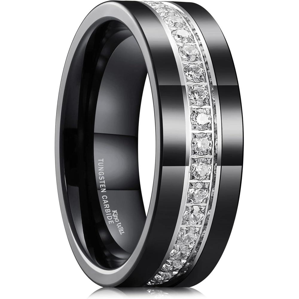 imageKing Will Mens Tungsten Wedding Band with Cubic Zircon Inlay 7mm8mm Flat Cut Comfort Fit Engagement RingsBlackWhite8mm