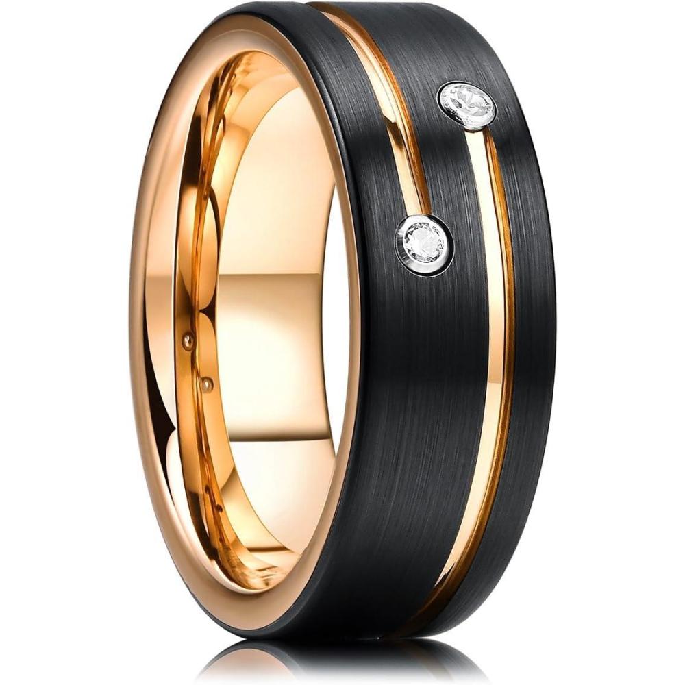 imageKing Will Mens Tungsten Wedding Band with Cubic Zircon Inlay 7mm8mm Flat Cut Comfort Fit Engagement RingsCBlackGold8mm