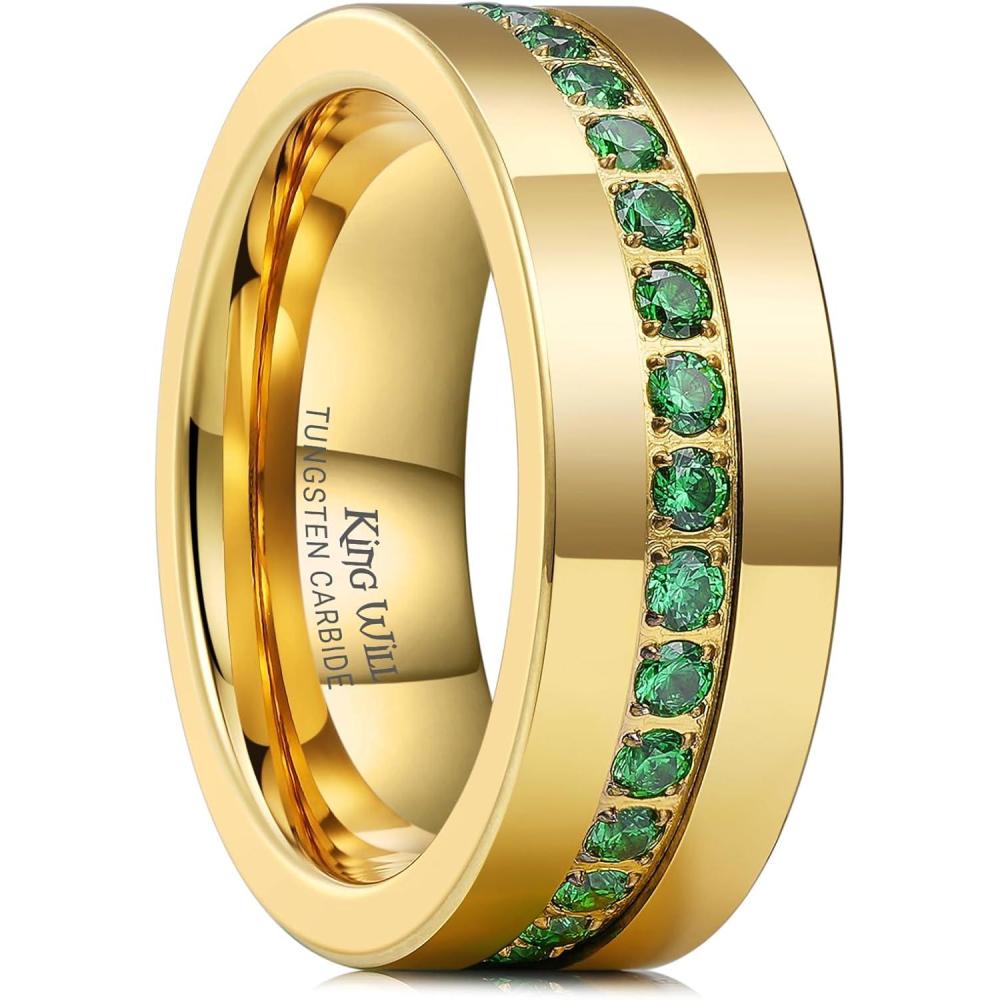 imageKing Will Mens Tungsten Wedding Band with Cubic Zircon Inlay 7mm8mm Flat Cut Comfort Fit Engagement RingsGoldGreen8mm