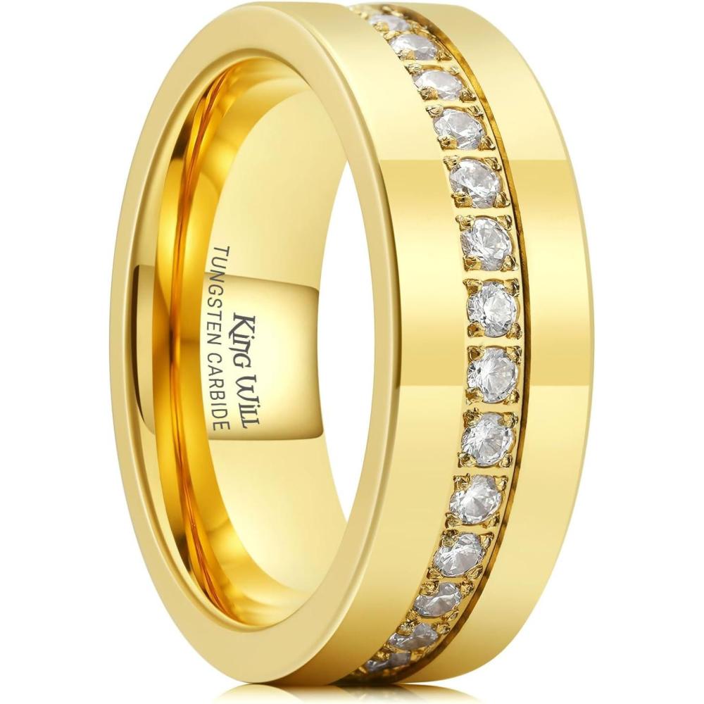 imageKing Will Mens Tungsten Wedding Band with Cubic Zircon Inlay 7mm8mm Flat Cut Comfort Fit Engagement RingsGoldWhite