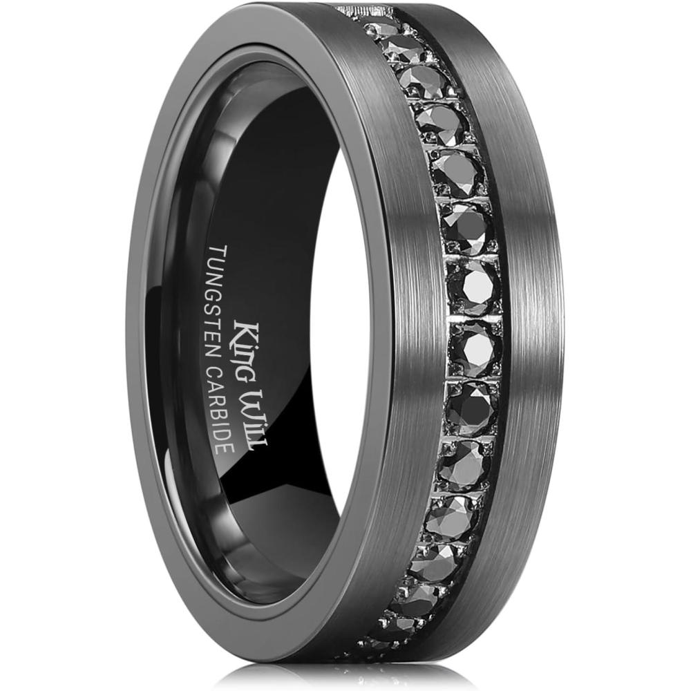 imageKing Will Mens Tungsten Wedding Band with Cubic Zircon Inlay 7mm8mm Flat Cut Comfort Fit Engagement RingsGunmetalBlack7mm