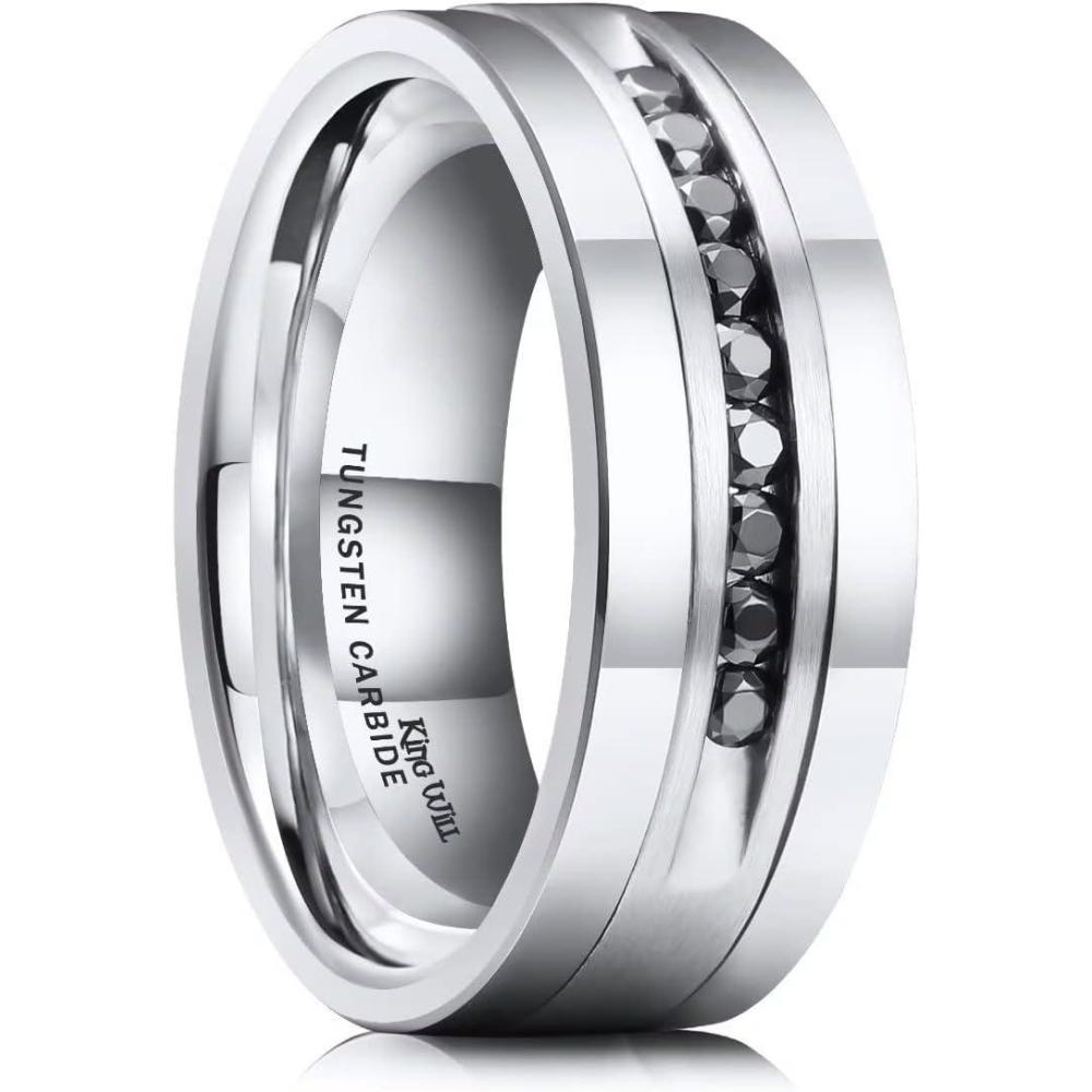 imageKing Will Mens Tungsten Wedding Band with Cubic Zircon Inlay 7mm8mm Flat Cut Comfort Fit Engagement RingsSilver8mm