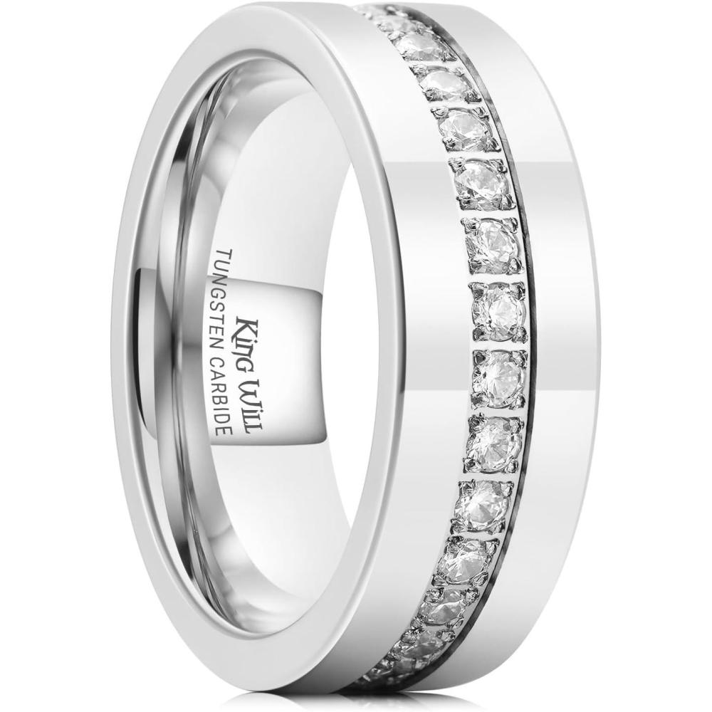 imageKing Will Mens Tungsten Wedding Band with Cubic Zircon Inlay 7mm8mm Flat Cut Comfort Fit Engagement RingsSilverWhite