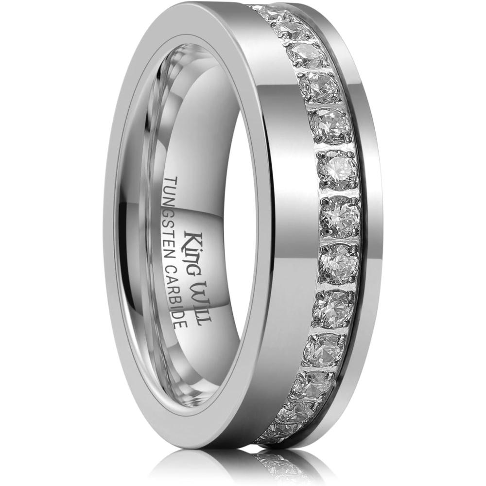 imageKing Will Mens Tungsten Wedding Band with Cubic Zircon Inlay 7mm8mm Flat Cut Comfort Fit Engagement RingsSilverWhite6mm