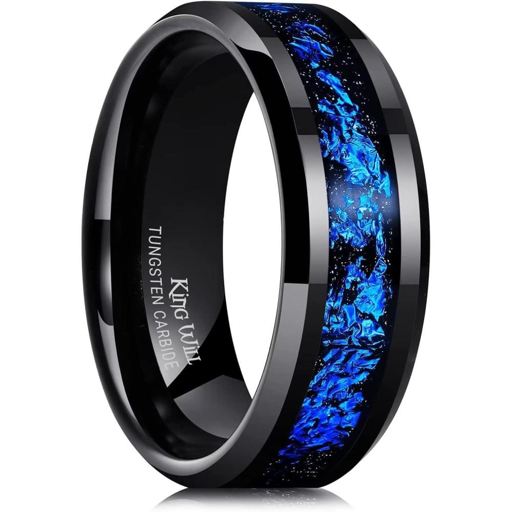 imageKing Will Mens Wedding Band with Foils Inlay BlackSilverGold Beveled Edge Glowstone Ring 6mm8mm Tungsten Carbide Rings Comfort FitBlackBlue8mm