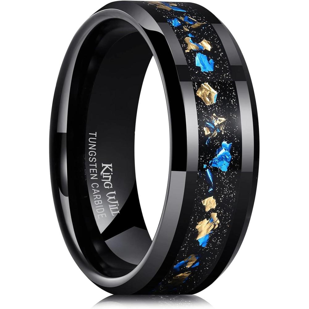 imageKing Will Mens Wedding Band with Foils Inlay BlackSilverGold Beveled Edge Glowstone Ring 6mm8mm Tungsten Carbide Rings Comfort FitBlackBlueGold8mm